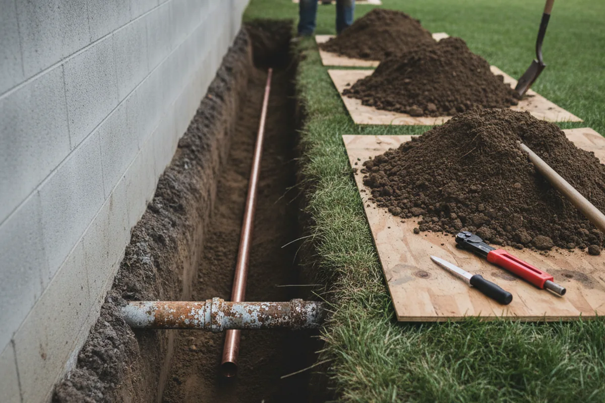 Excavated water line trench during Water Softener Installation in Cedar Knolls